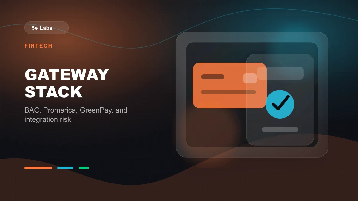 Branded abstract 5e Labs cover image for Payment gateway integration in Costa Rica: BAC vs. Promerica vs. GreenPay