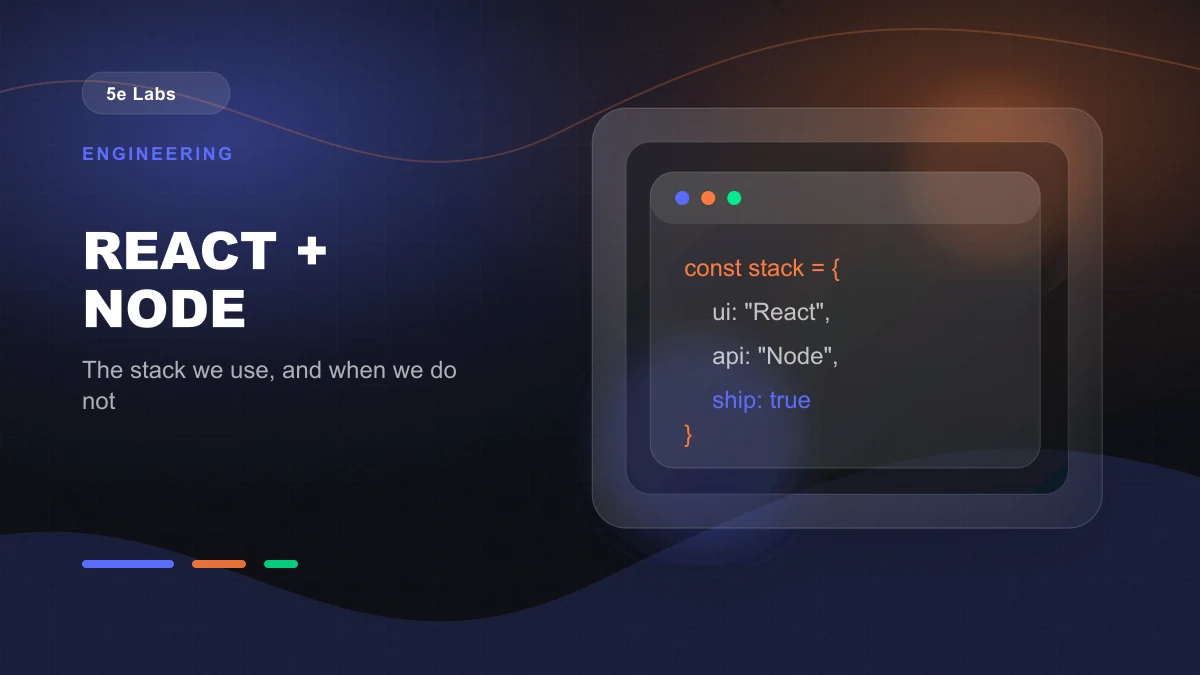Branded abstract 5e Labs cover image for Our React + Node.js stack: why we chose it and when we don't