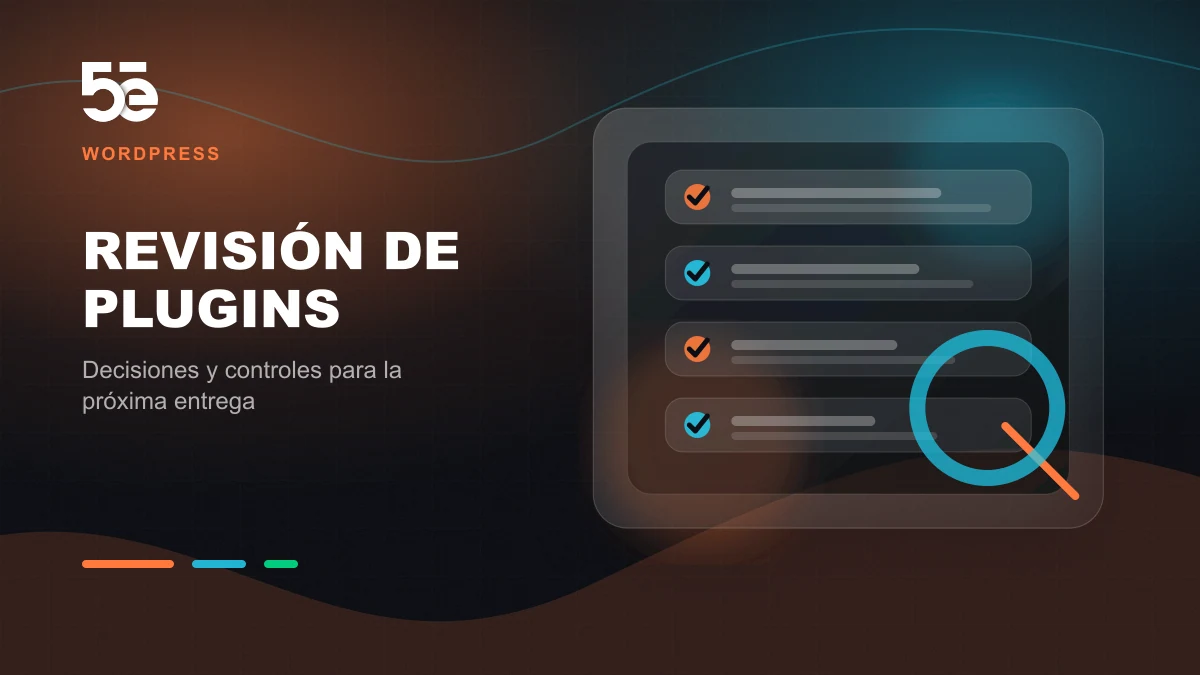 Branded abstract 5e Labs cover image for Cómo evaluar plugins de WordPress antes de depender de ellos